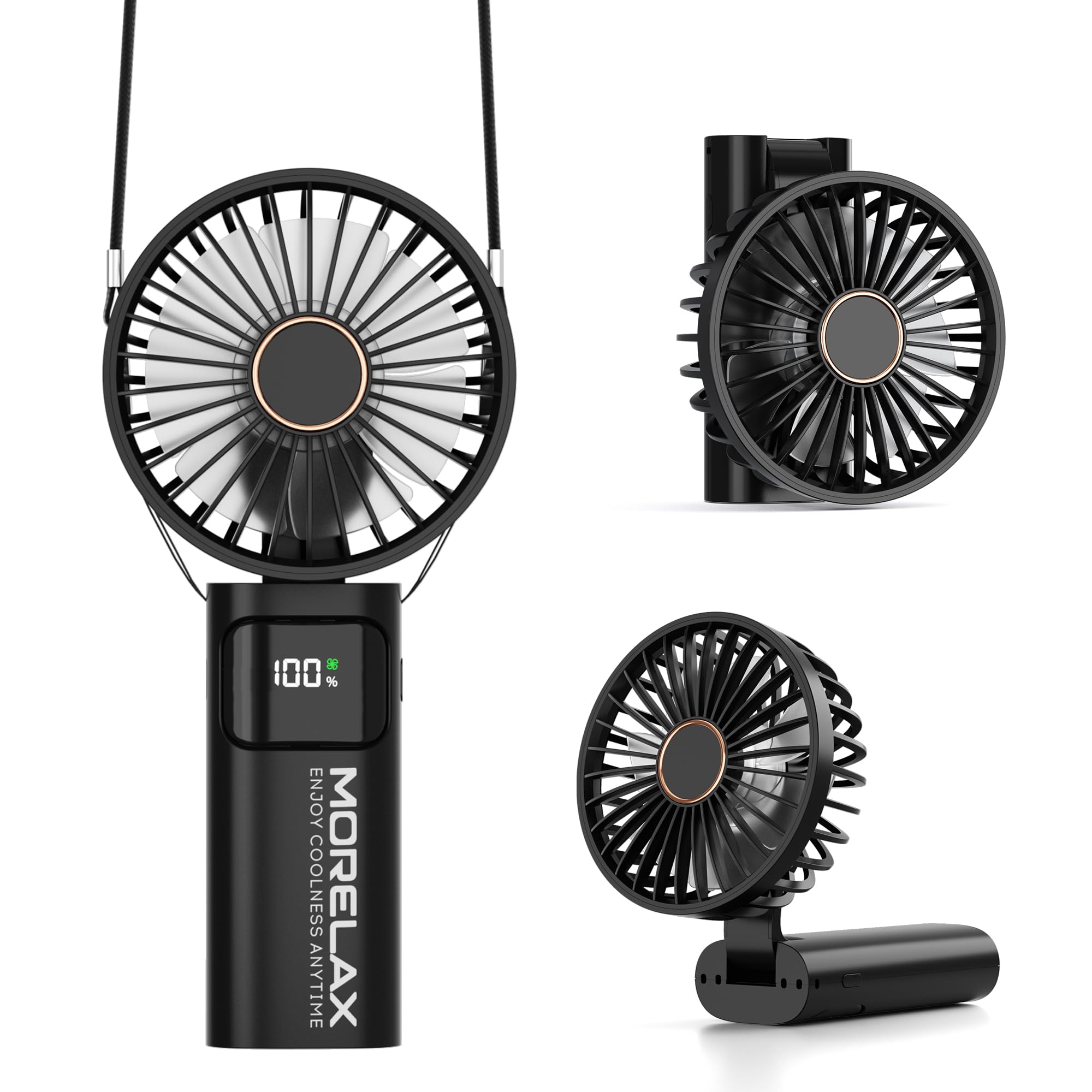 Portable Handheld Fan, USB Rechargeable Foldable Mini Personal Fan, 5200mAh, 180 Adjustable, 6 Speed Wind, 3 IN 1 Hand Cooling Desk Fan with LED Display for Home Office School Outdoor Travel, Black