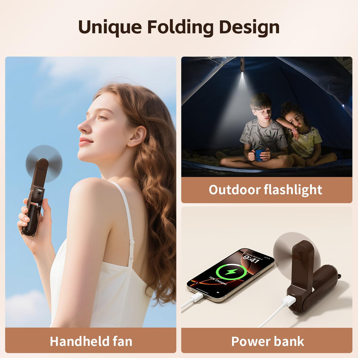 Morelax Portable Fan, Mini Handheld Fan with Power Bank, Cute USB Rechargeable Pocket Fan, Foldable Small Cooling Fan with LED Light, Personal Travel Fan,Summer,Beach Essentials,Summer Gift for Women