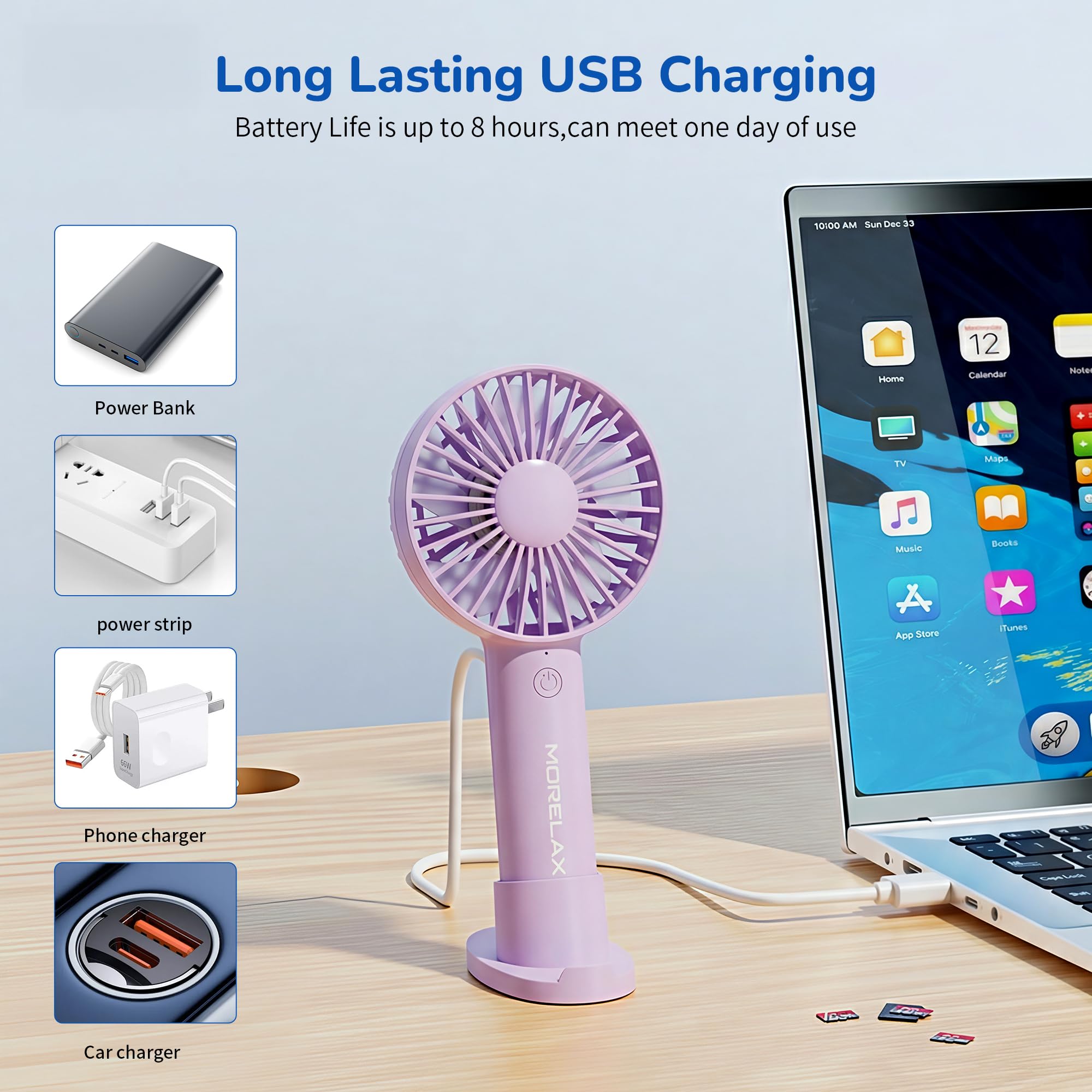 Jancane Handheld Fan, USB Rechargeable Mini Portable Fan with Base, 10H Battery, Strong Wind, Small & Powerful, Cute Design for Travel, Makeup, Girls Women Summer Gift (Purple)
