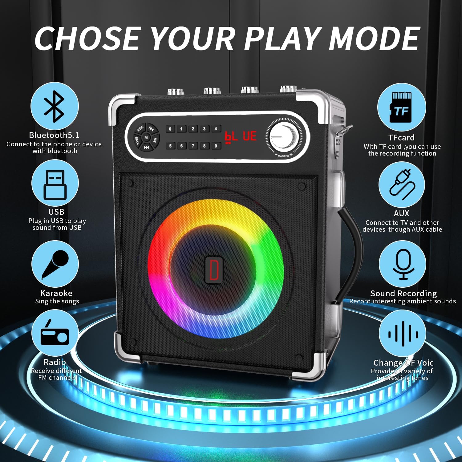 Karaoke Machine with 4 Wireless Microphones, Portable Bluetooth 5.1 Speaker for Adults Kids with LED Lights, Bass/Treble Adjustment, PA System with Remote Control, Supports FM/AUX/USB/TF for Party
