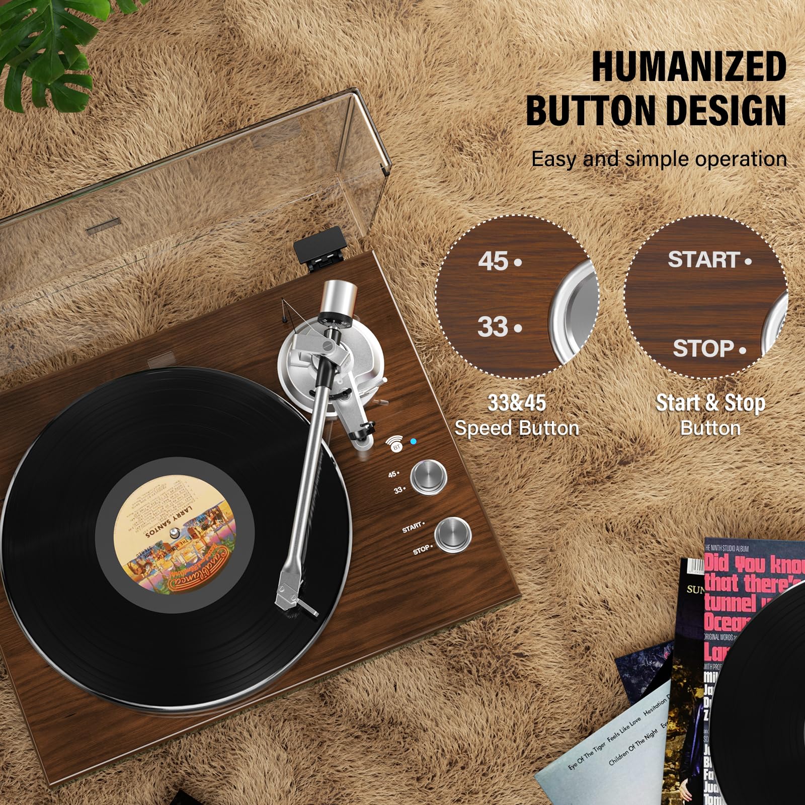 Belt Drive Turntable for Vinyl Record Player,Connect with Bluetooth Speakers or Active Speaker,Built-in Phono Pre-amp,USB Digital Output, Magnetic Cartridge,High-Gloss Wood Design(Brown)