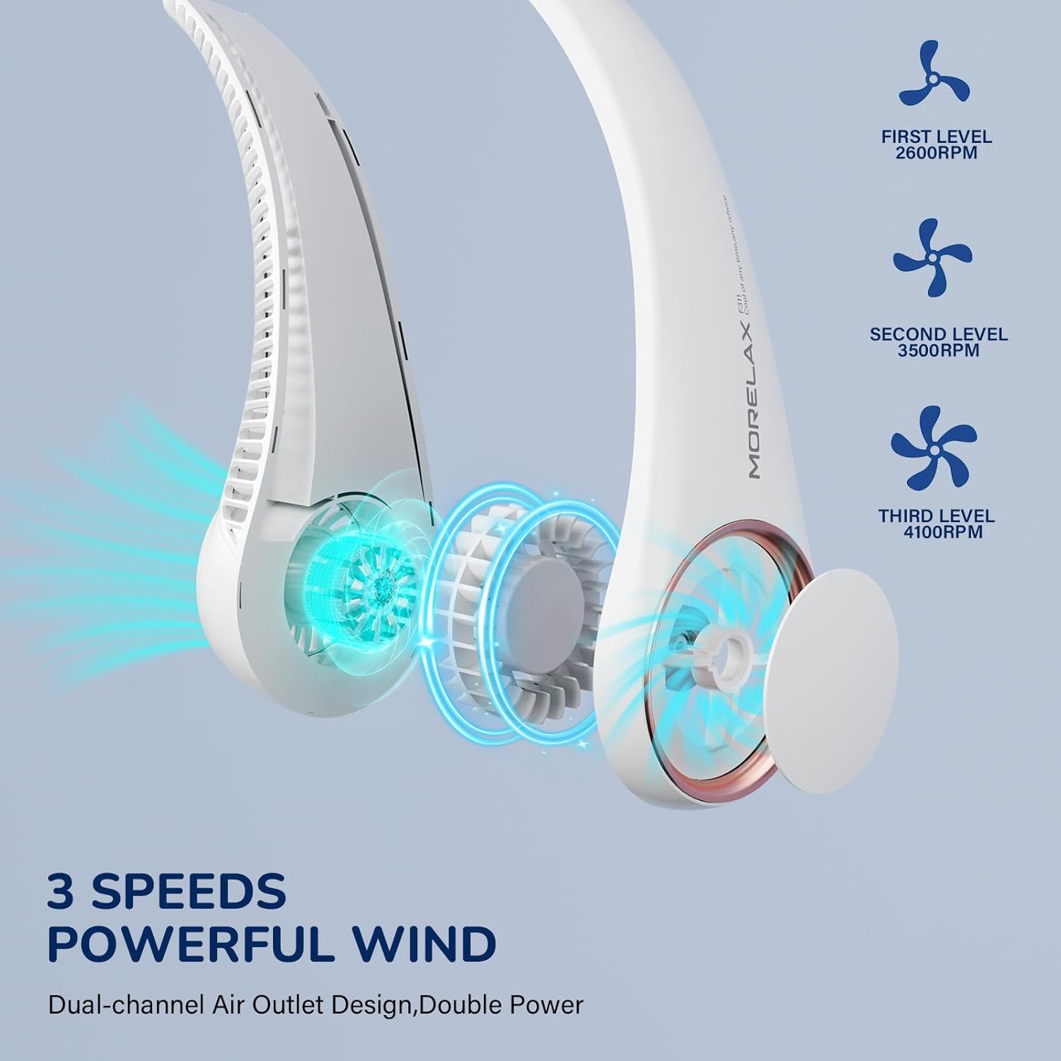 Morelax Neck Fan, Portable Neck Fan,Hands Free Bladeless Mini Fan with 360°Cooling Airflow, 3 Speeds Adjustable,Ultra Quiet Wearable, Suitable for Indoor Outdoor Travel Sports (White)