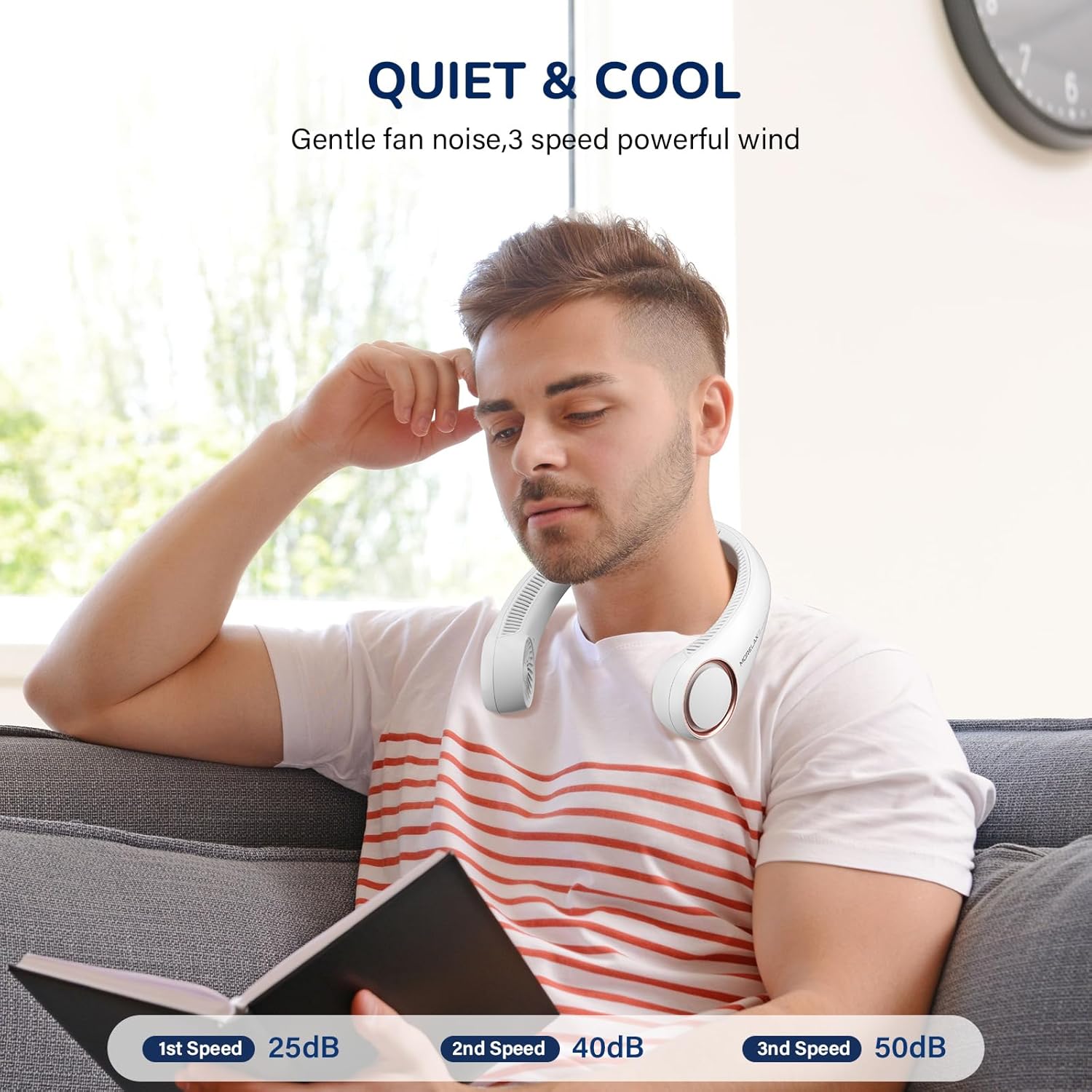 Morelax Neck Fan, Portable Neck Fan,Hands Free Bladeless Mini Fan with 360°Cooling Airflow, 3 Speeds Adjustable,Ultra Quiet Wearable, Suitable for Indoor Outdoor Travel Sports (White)