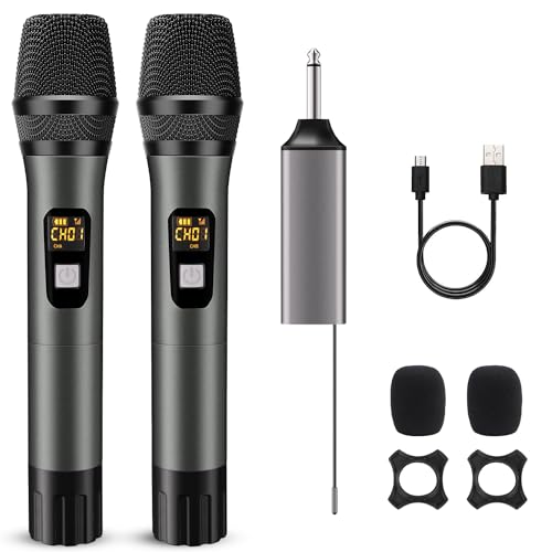 Wireless Microphones, Metal UHF Dual Handheld Dynamic Mic System,Microfonos Inalambricos with Rechargeable Receiver,200ft Range(Grey)