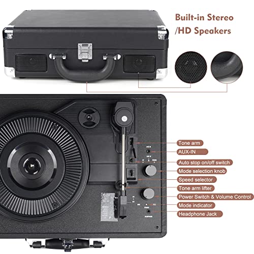 Vinyl Bluetooth Record Player, 3-Speed ,Suitcase with Speakers, RCA Out/AUX IN(black)