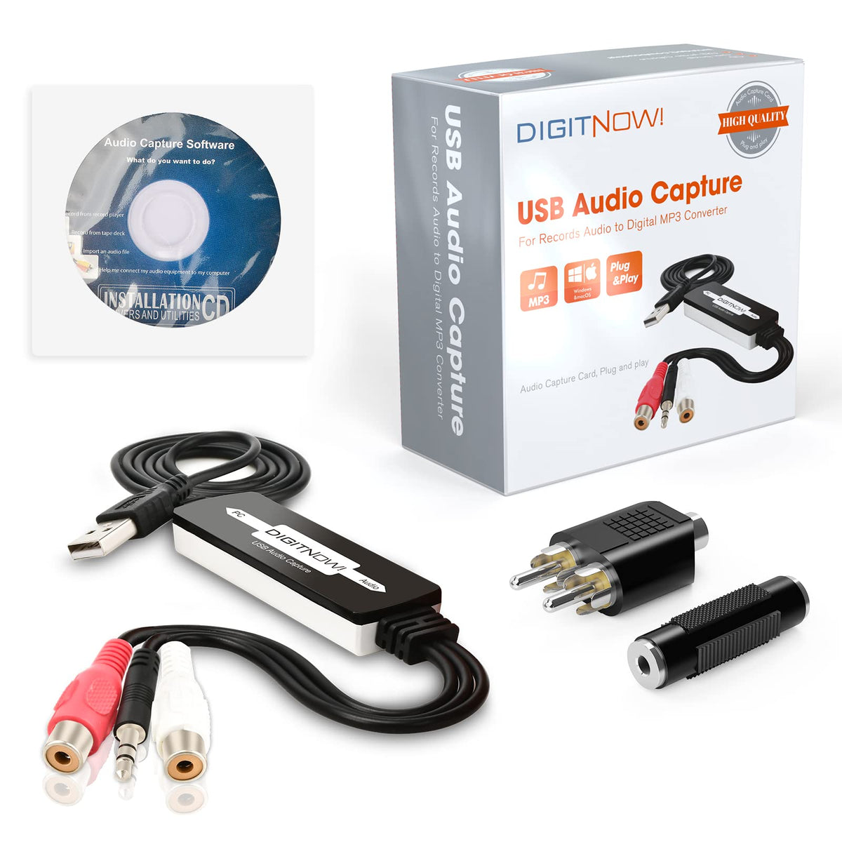 DIGITNOW USB Audio Capture Card Grabber for Vinyl Cassette Tapes to Digital MP3 Converter, Support Mac & Windows 10/8.1/8 / 7 / Vista/XP